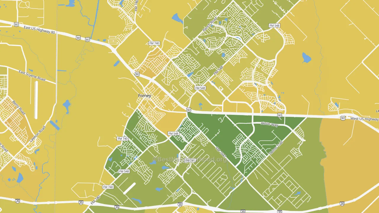 Map of the best neighborhoods in the 75126 area, with better matches in green and worse matches in red
