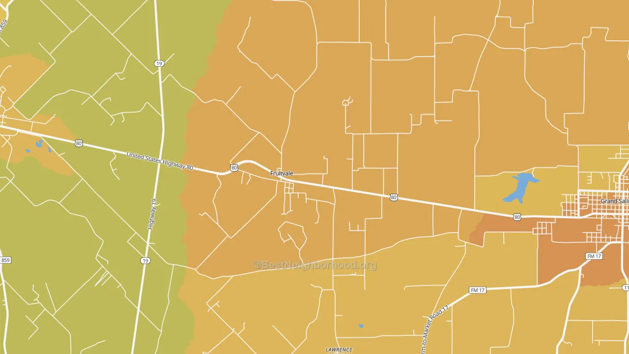 Map of the best neighborhoods in the 75127 area, with better matches in green and worse matches in red