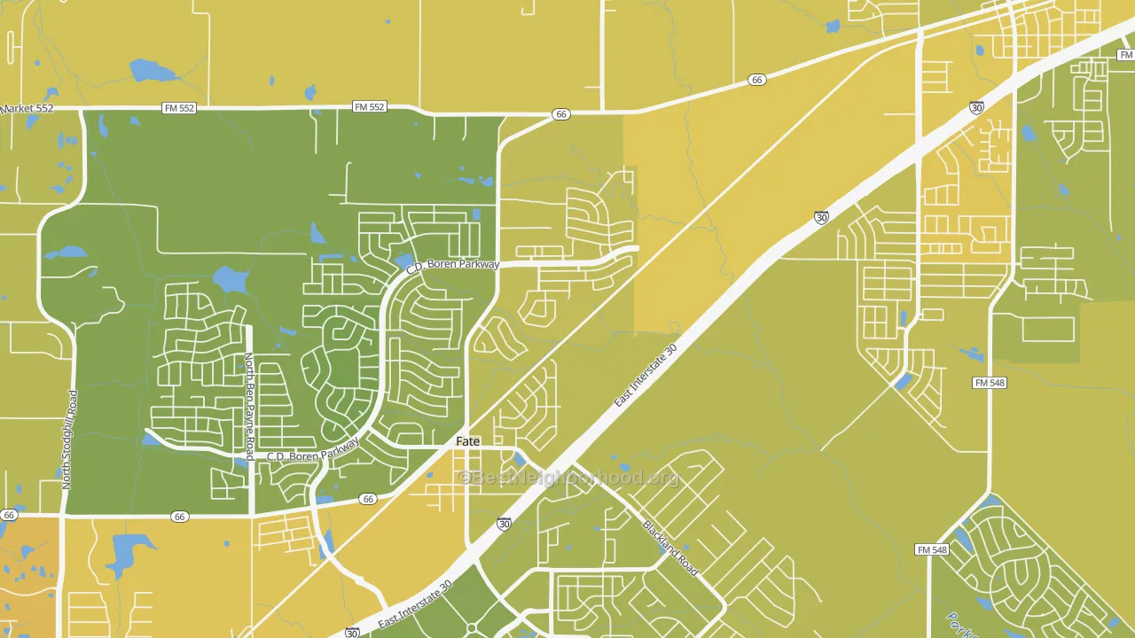Map of the best neighborhoods in the 75132 area, with better matches in green and worse matches in red