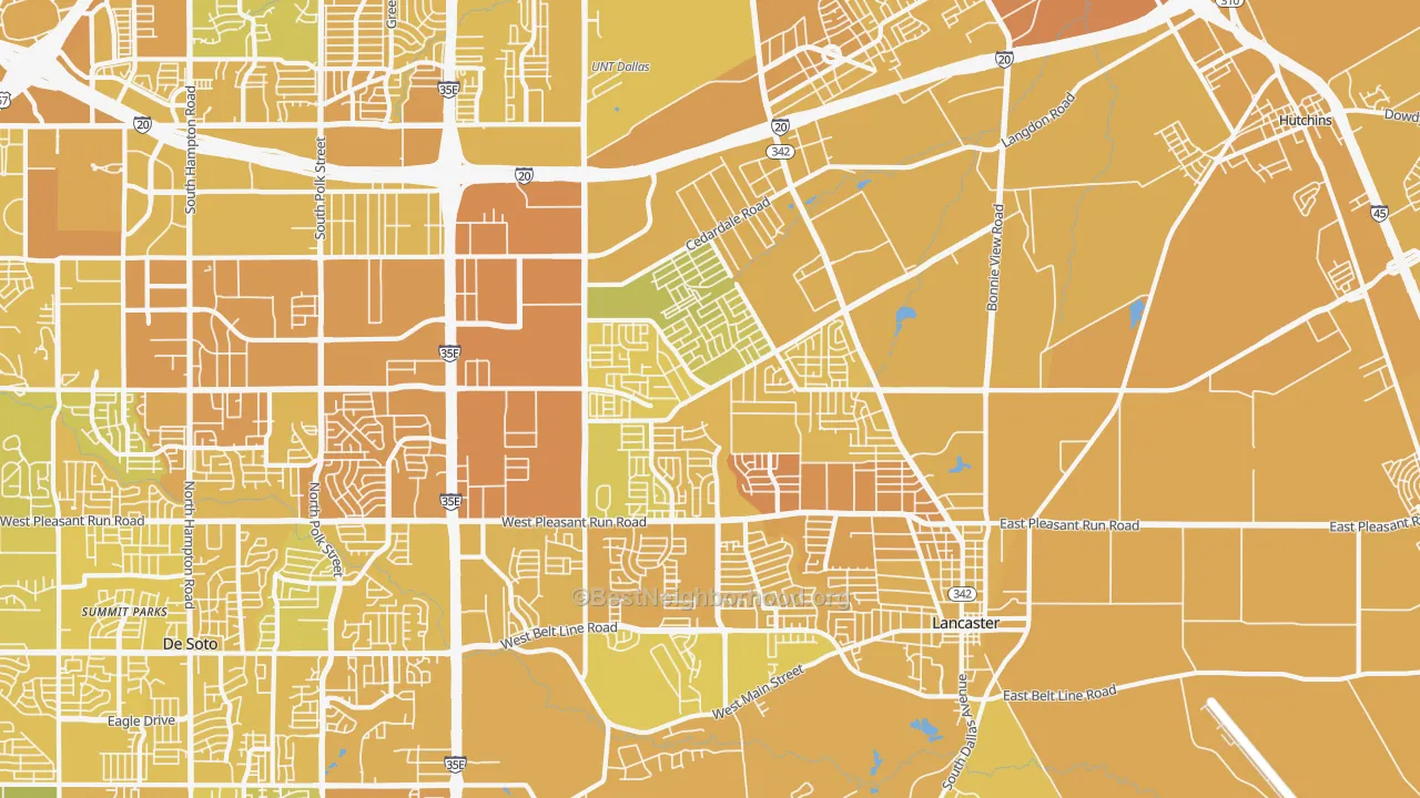Map of the best neighborhoods in the 75134 area, with better matches in green and worse matches in red