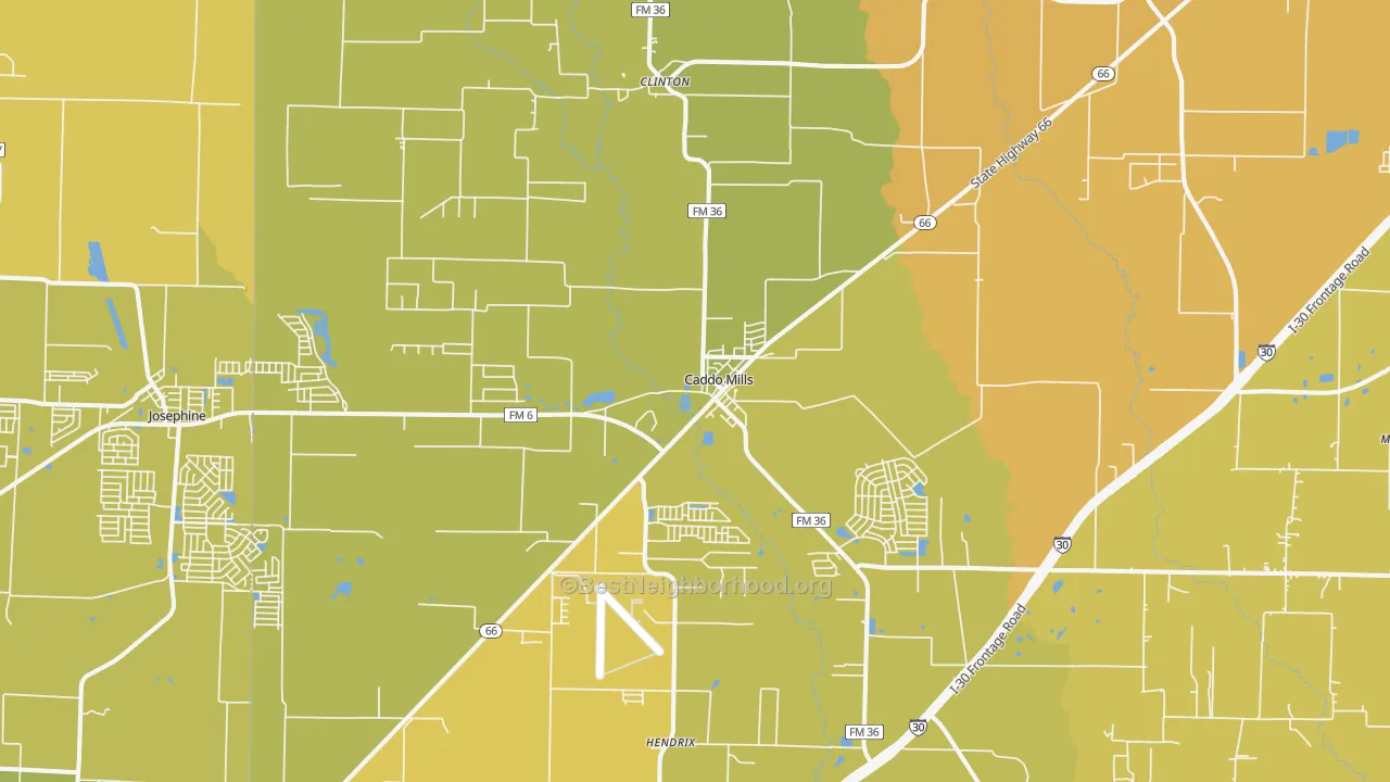 Map of the best neighborhoods in the 75135 area, with better matches in green and worse matches in red