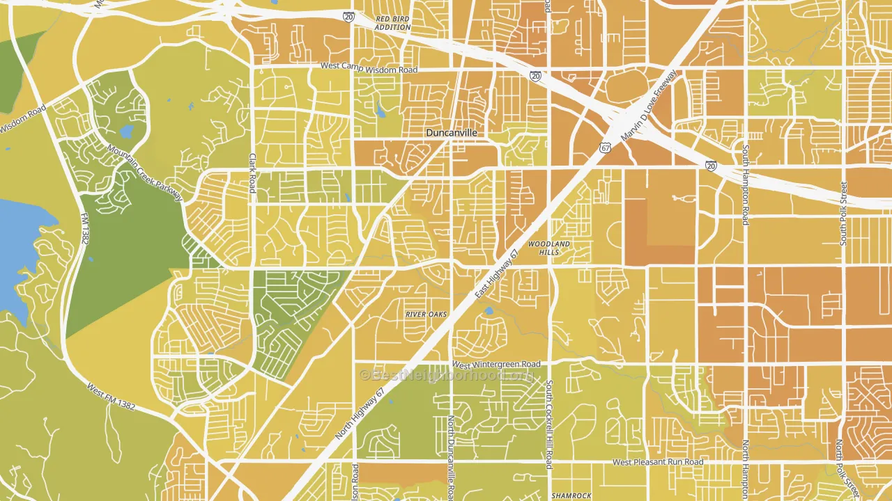 Map of the best neighborhoods in the 75137 area, with better matches in green and worse matches in red