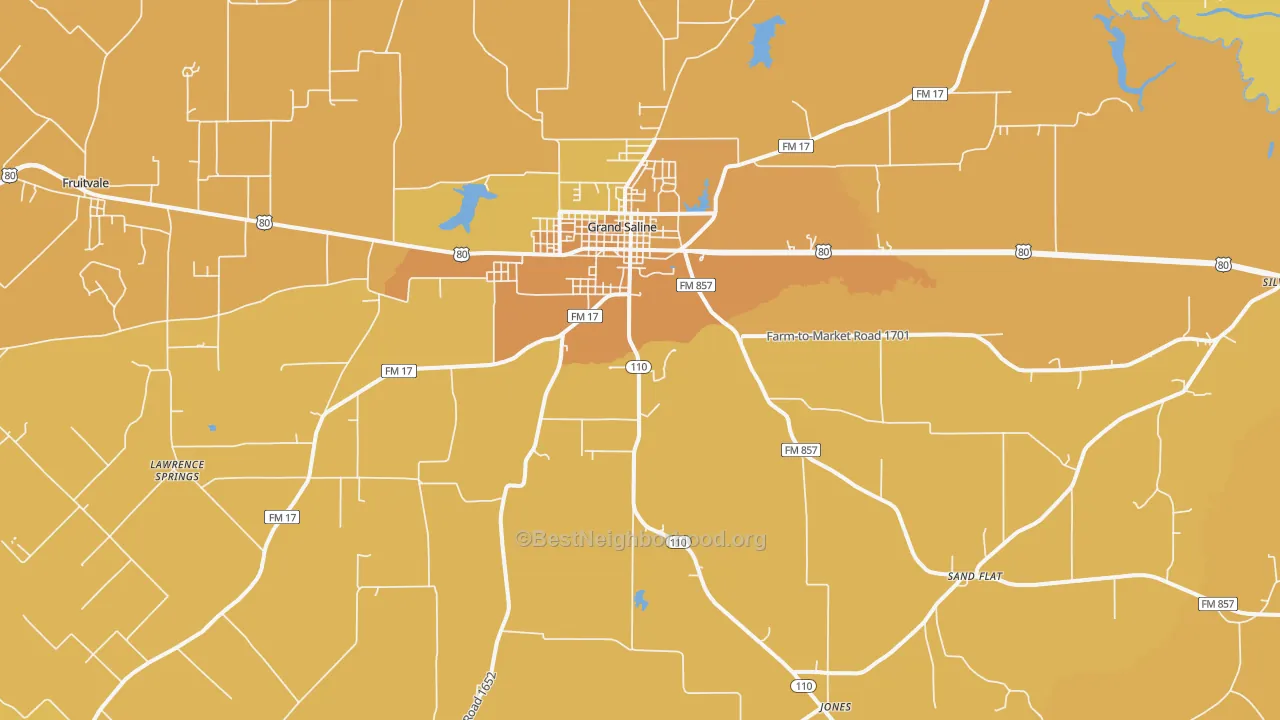 Map of the best neighborhoods in the 75140 area, with better matches in green and worse matches in red