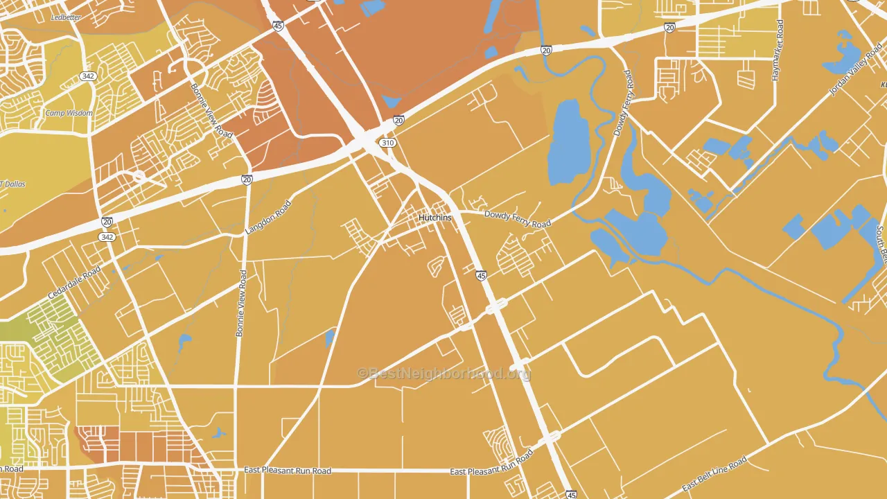 Map of the best neighborhoods in the 75141 area, with better matches in green and worse matches in red