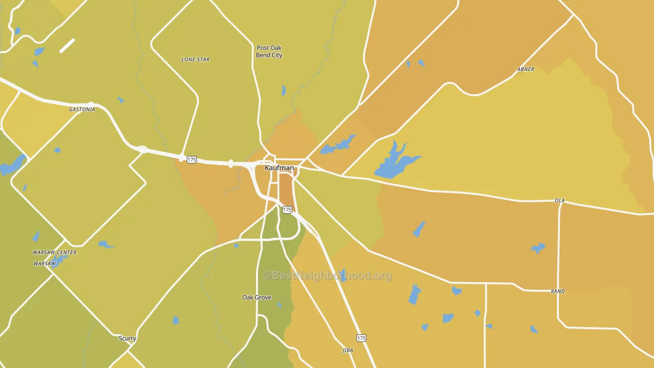 Map of the best neighborhoods in the 75142 area, with better matches in green and worse matches in red