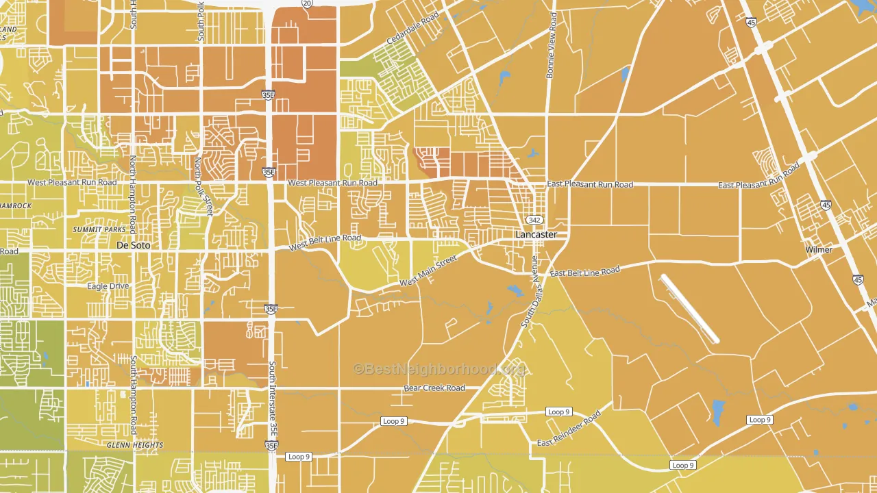 Map of the best neighborhoods in the 75146 area, with better matches in green and worse matches in red