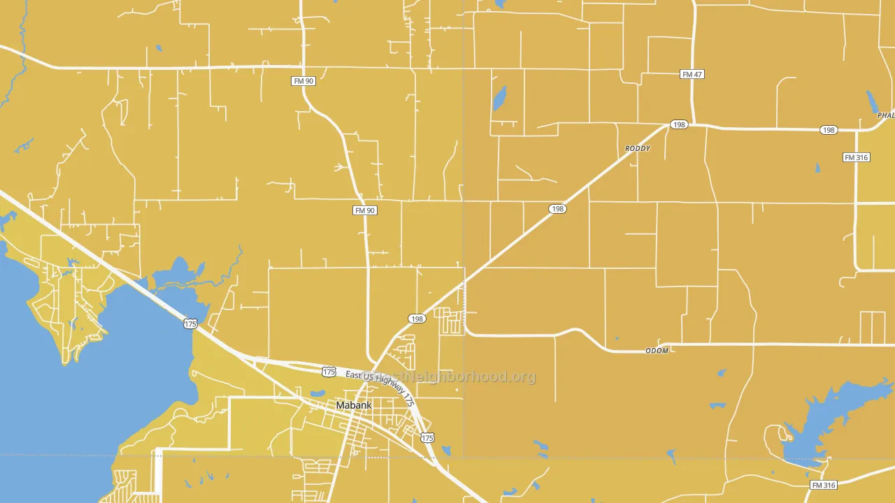Map of the best neighborhoods in the 75147 area, with better matches in green and worse matches in red