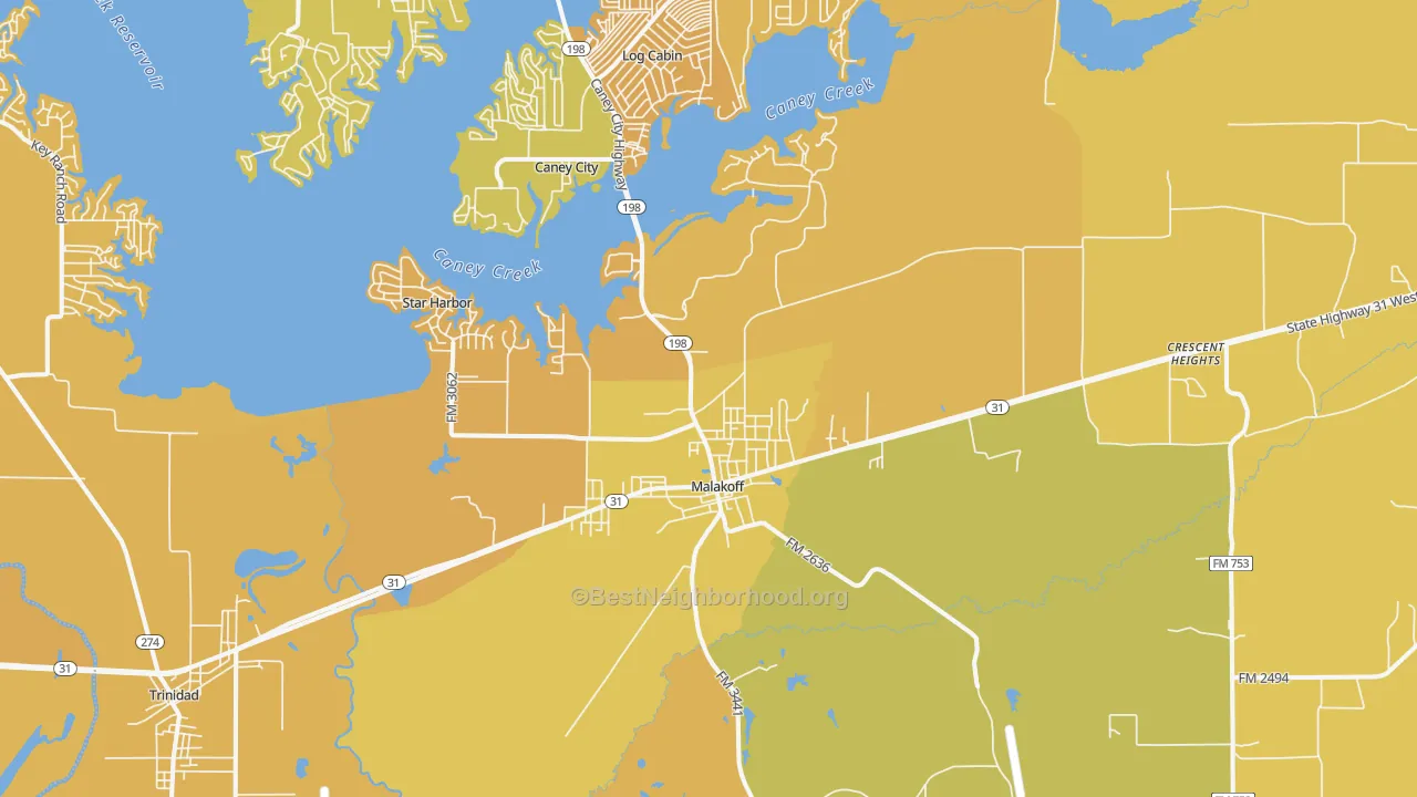 Map of the best neighborhoods in the 75148 area, with better matches in green and worse matches in red