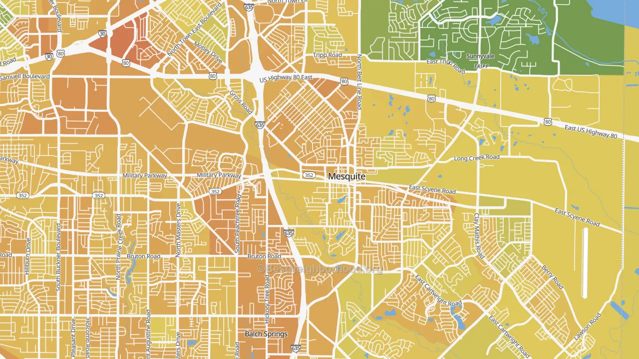 Map of the best neighborhoods in the 75149 area, with better matches in green and worse matches in red