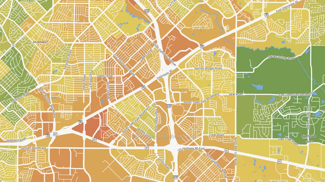 Map of the best neighborhoods in the 75150 area, with better matches in green and worse matches in red