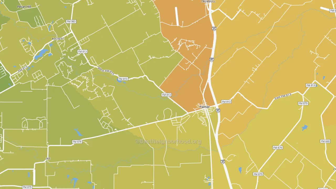 Map of the best neighborhoods in the 75152 area, with better matches in green and worse matches in red