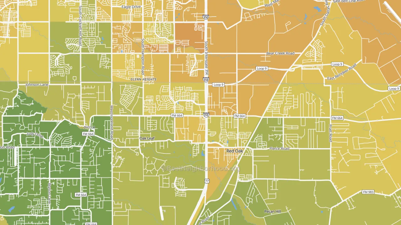 Map of the best neighborhoods in the 75154 area, with better matches in green and worse matches in red