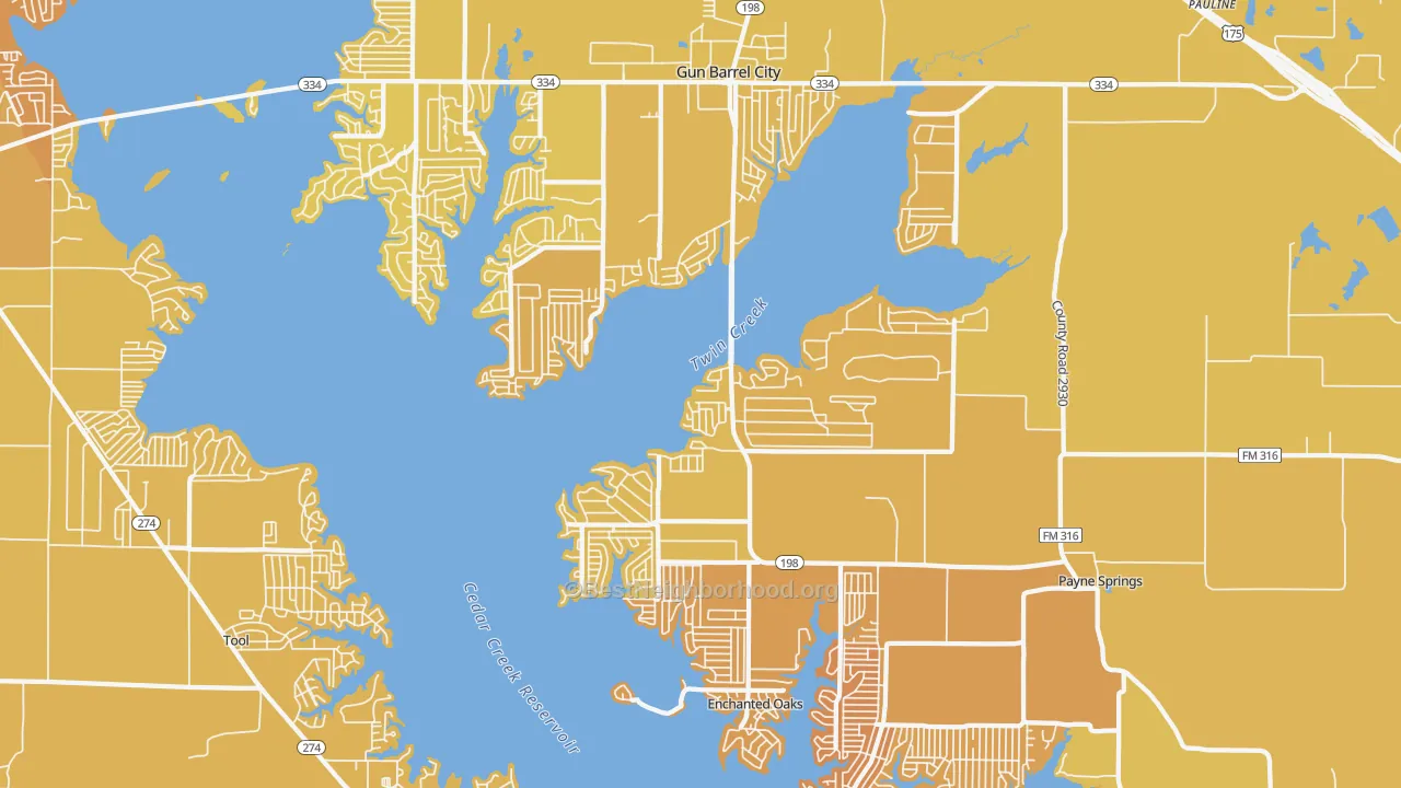 Map of the best neighborhoods in the 75156 area, with better matches in green and worse matches in red