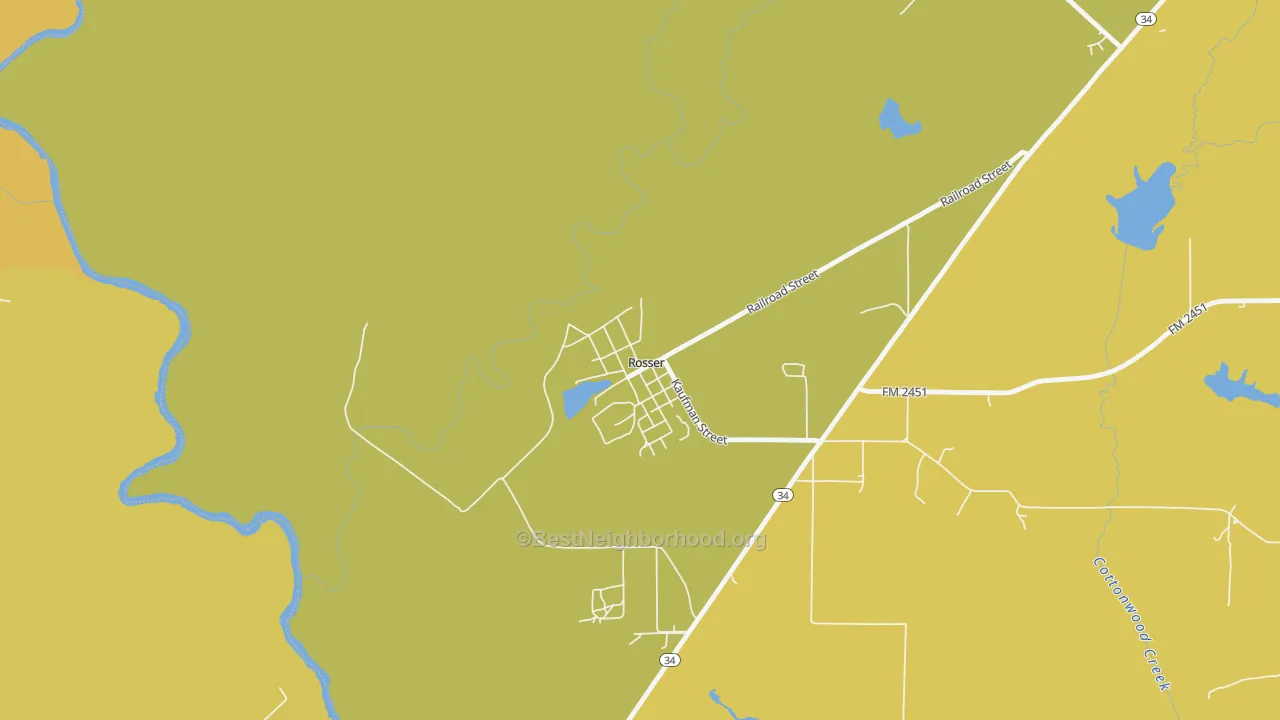 Map of the best neighborhoods in the 75157 area, with better matches in green and worse matches in red