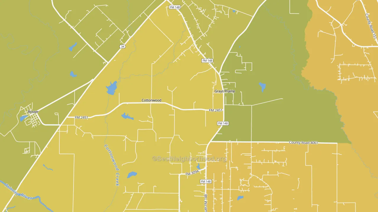 Map of the best neighborhoods in the 75158 area, with better matches in green and worse matches in red