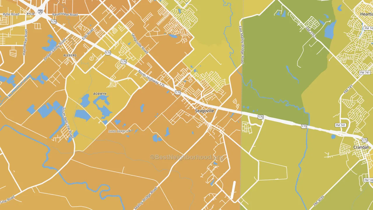 Map of the best neighborhoods in the 75159 area, with better matches in green and worse matches in red