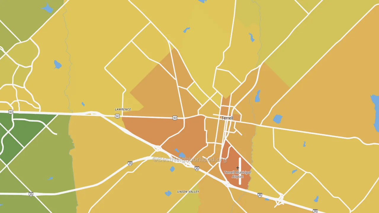 Map of the best neighborhoods in the 75160 area, with better matches in green and worse matches in red