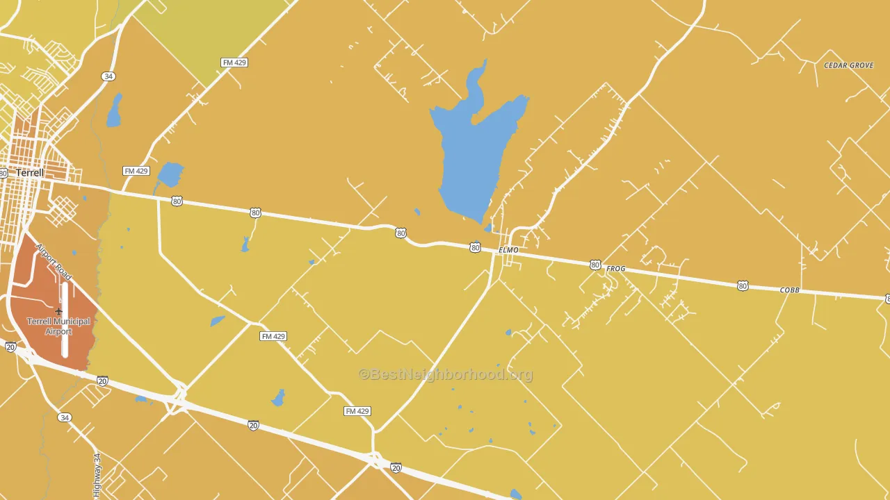 Map of the best neighborhoods in the 75161 area, with better matches in green and worse matches in red