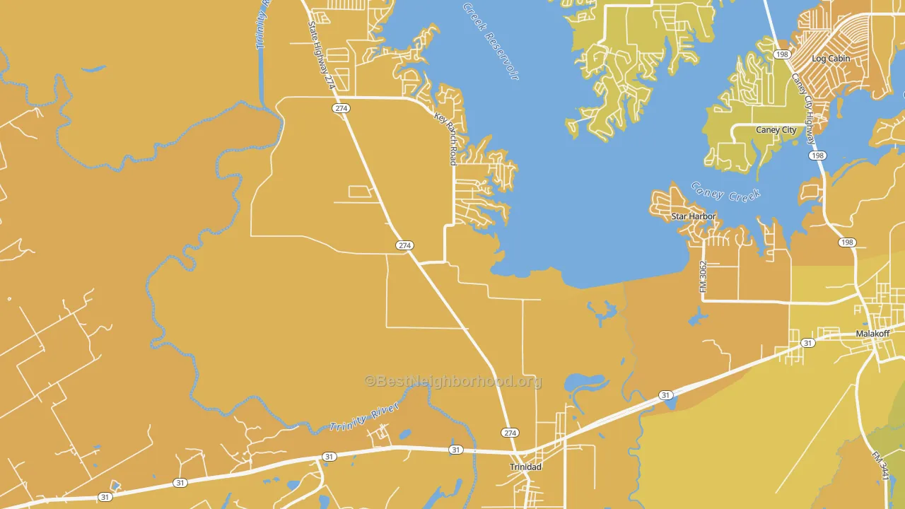 Map of the best neighborhoods in the 75163 area, with better matches in green and worse matches in red