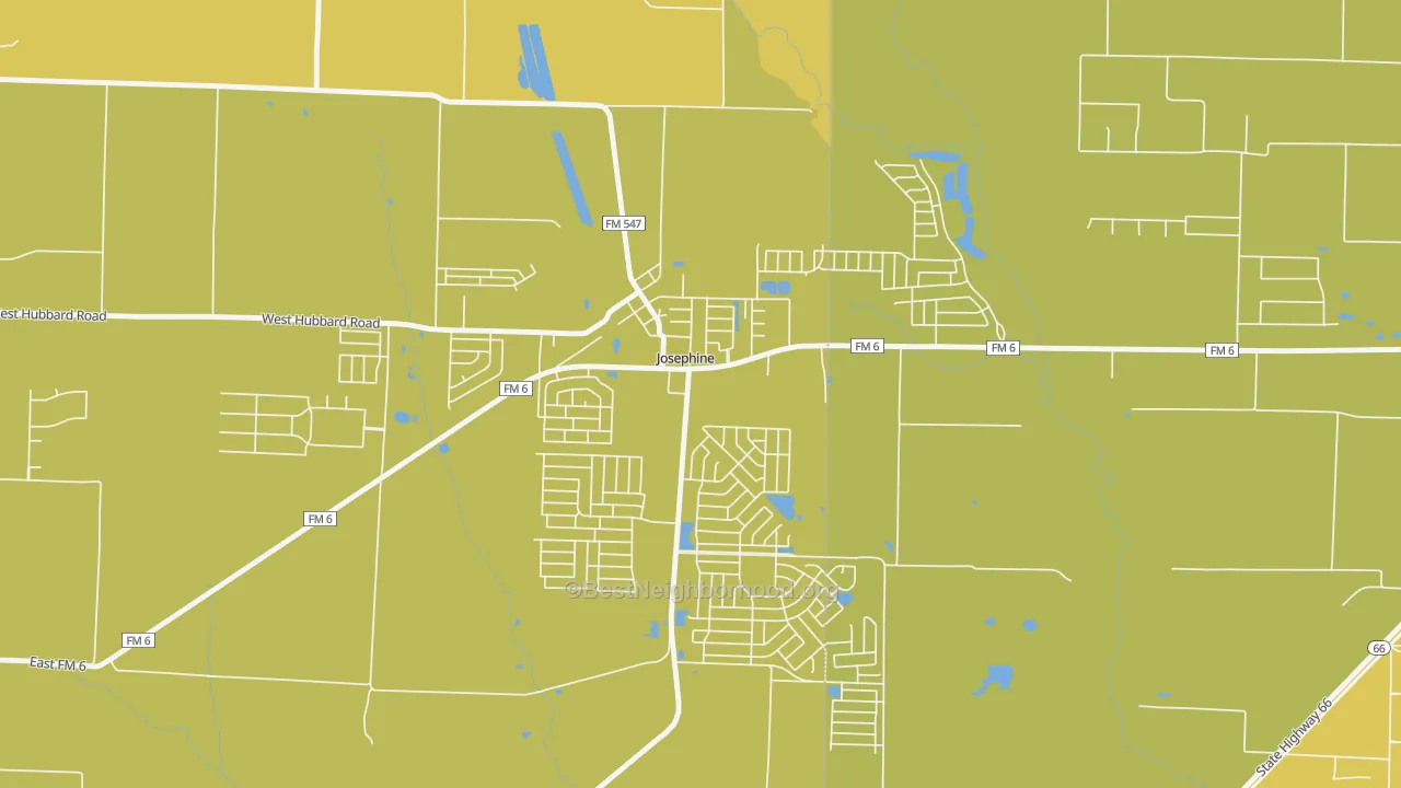 Map of the best neighborhoods in the 75164 area, with better matches in green and worse matches in red