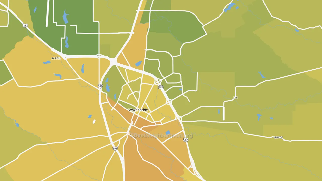 Map of the best neighborhoods in the 75165 area, with better matches in green and worse matches in red