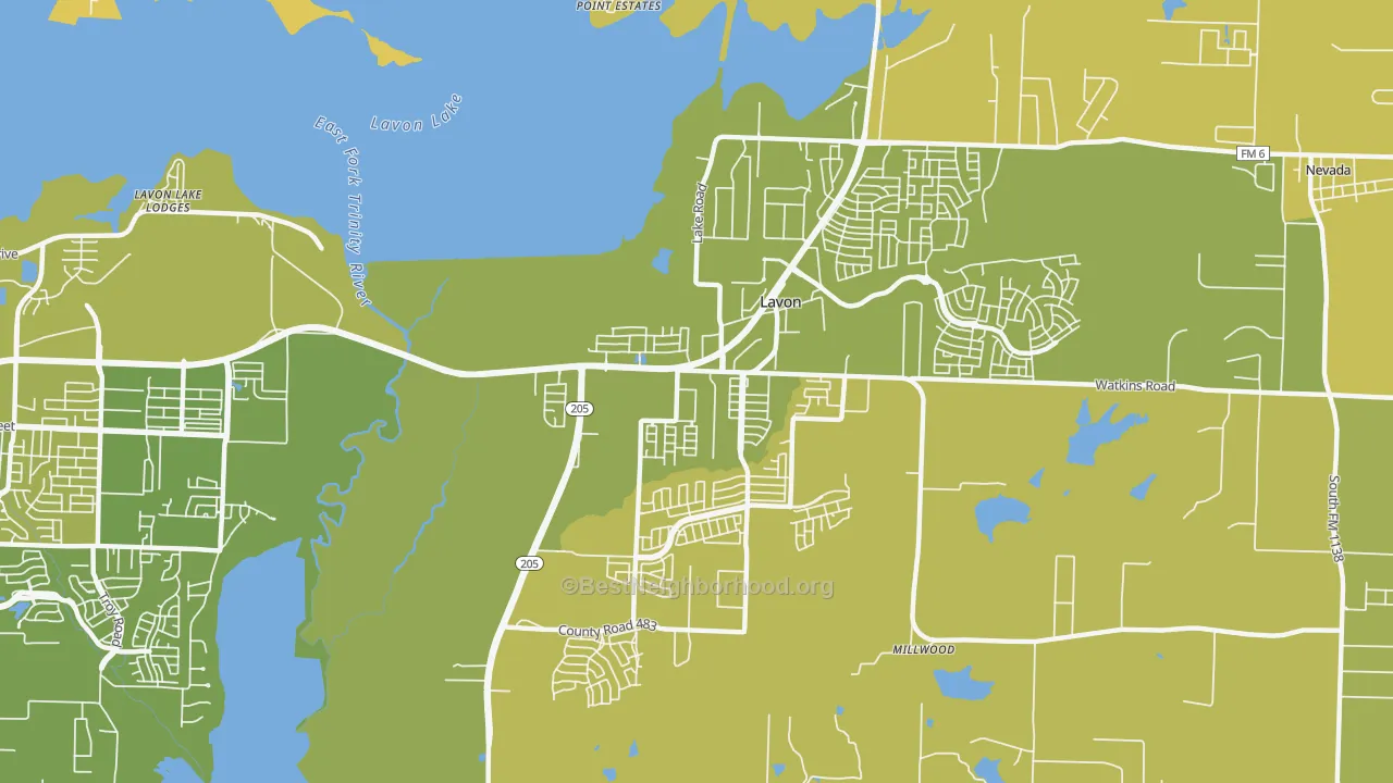 Map of the best neighborhoods in the 75166 area, with better matches in green and worse matches in red