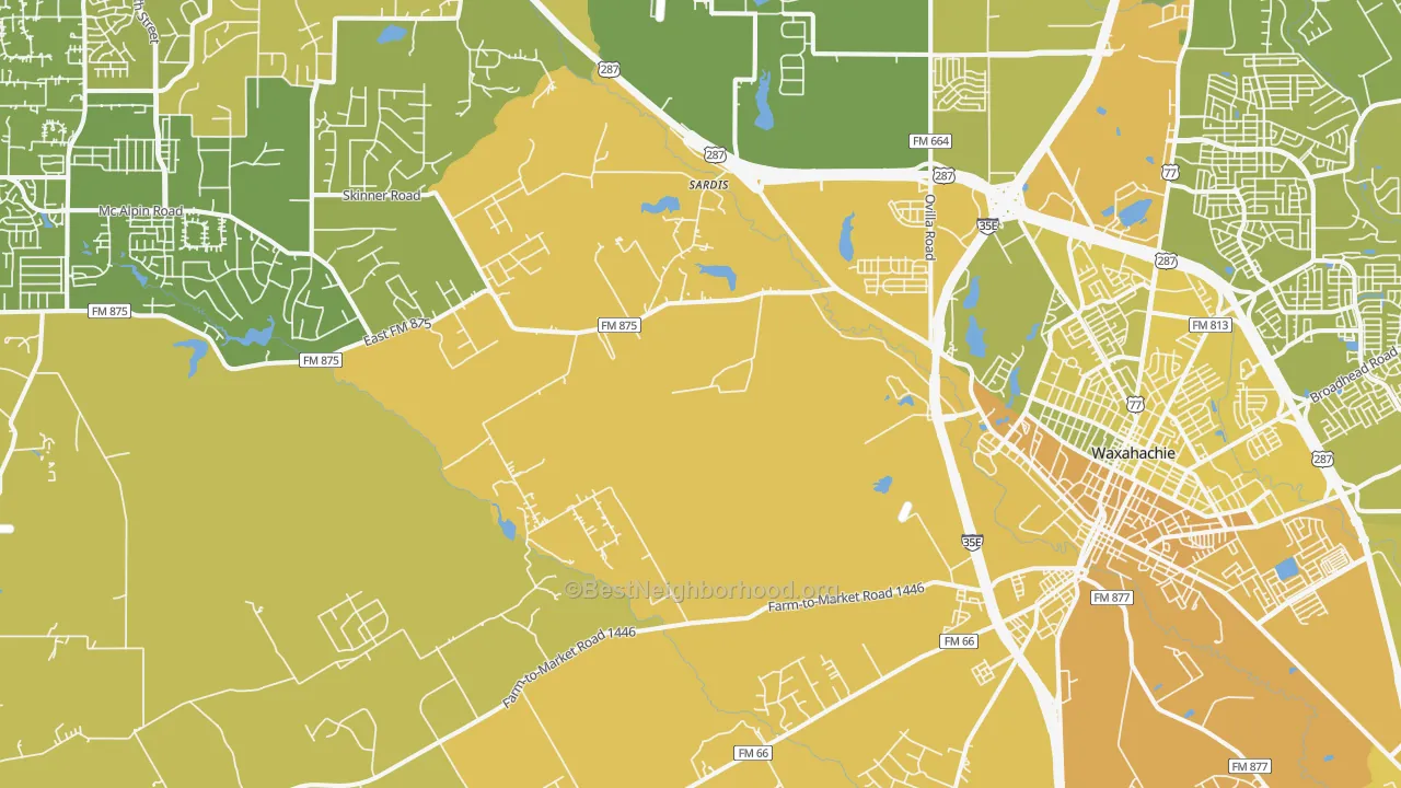 Map of the best neighborhoods in the 75167 area, with better matches in green and worse matches in red