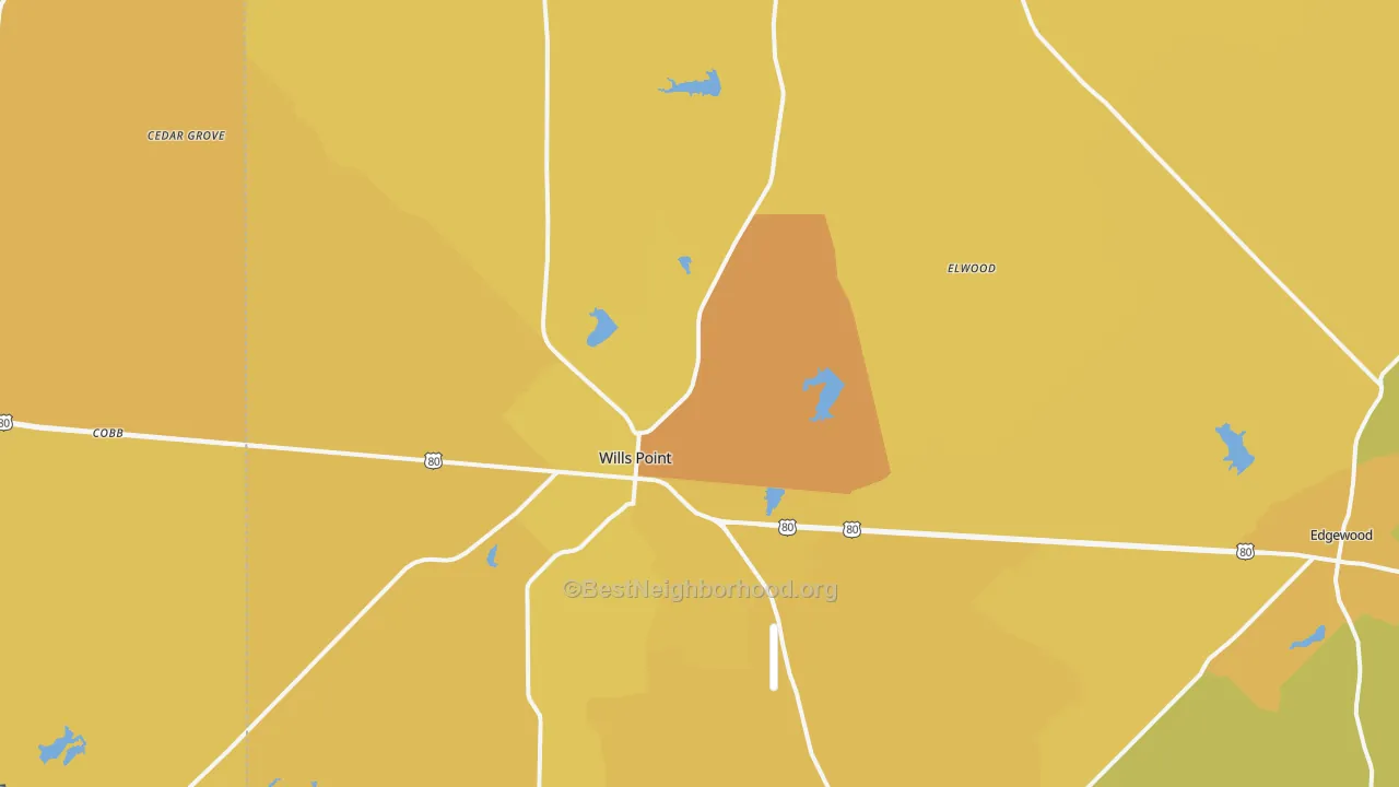 Map of the best neighborhoods in the 75169 area, with better matches in green and worse matches in red