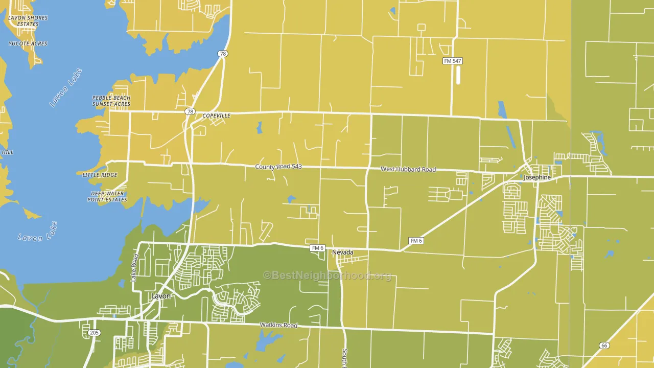 Map of the best neighborhoods in the 75173 area, with better matches in green and worse matches in red