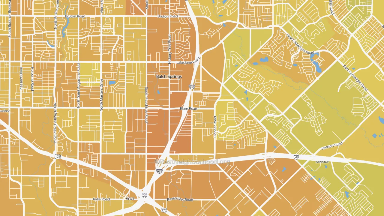 Map of the best neighborhoods in the 75180 area, with better matches in green and worse matches in red