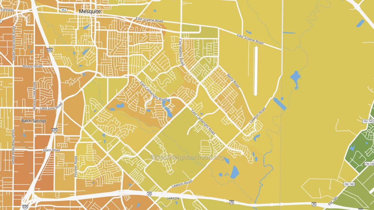 Map of the best neighborhoods in the 75181 area, with better matches in green and worse matches in red
