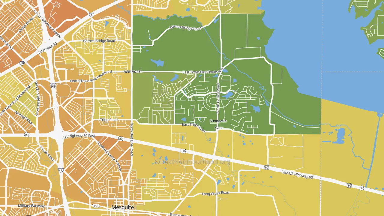 Map of the best neighborhoods in the 75182 area, with better matches in green and worse matches in red