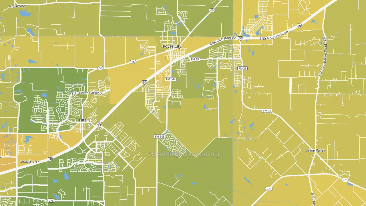 Map of the best neighborhoods in the 75189 area, with better matches in green and worse matches in red