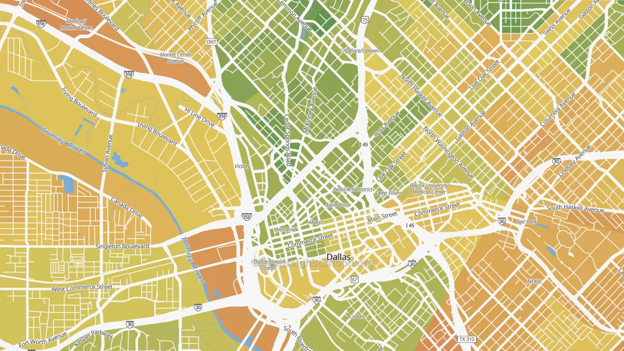 Map of the best neighborhoods in the 75201 area, with better matches in green and worse matches in red