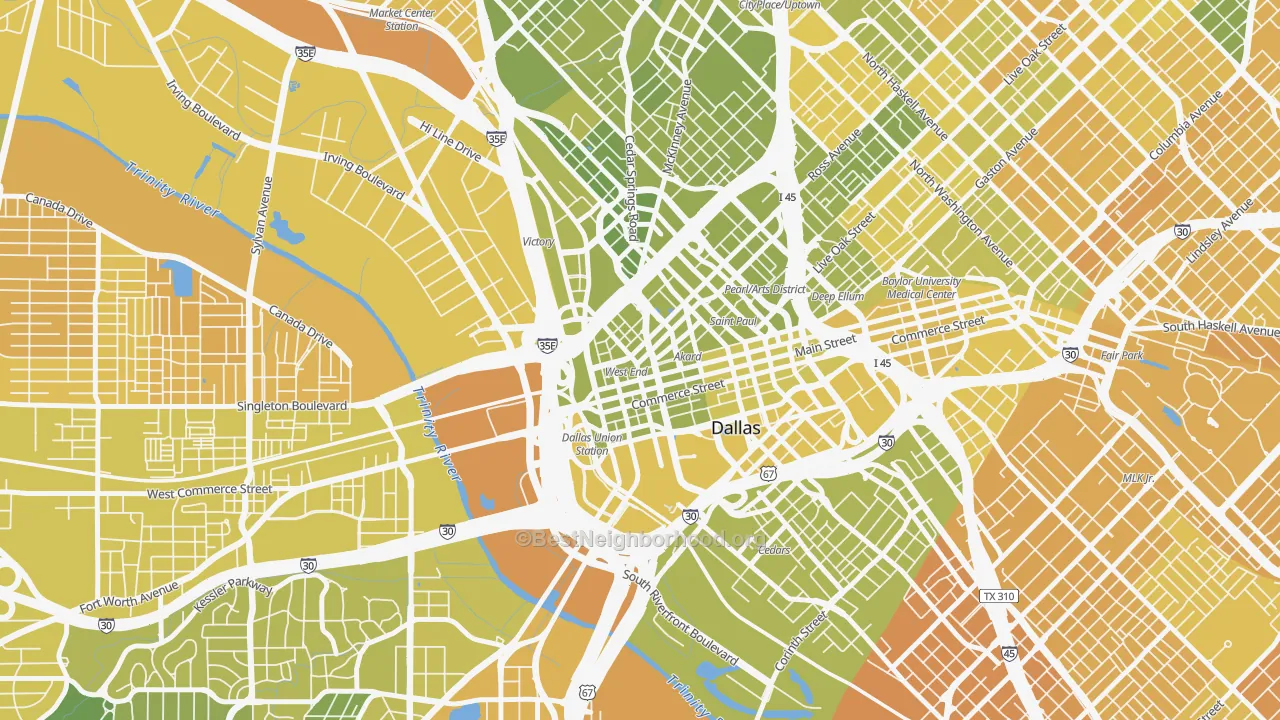 Map of the best neighborhoods in the 75202 area, with better matches in green and worse matches in red