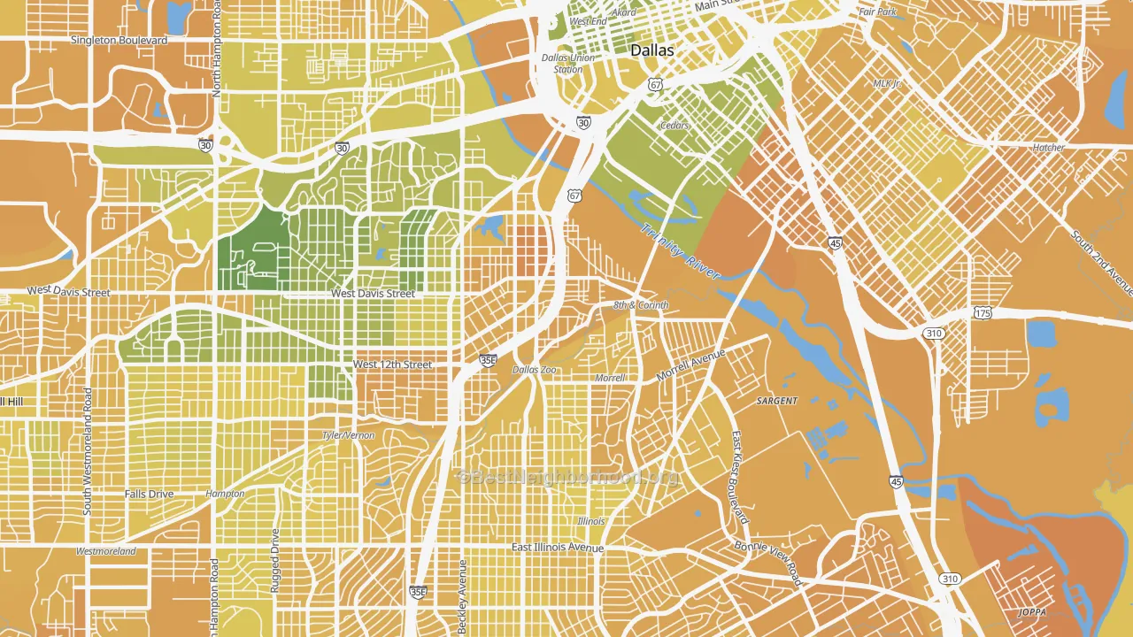 Map of the best neighborhoods in the 75203 area, with better matches in green and worse matches in red