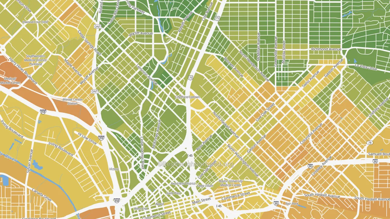 Map of the best neighborhoods in the 75204 area, with better matches in green and worse matches in red