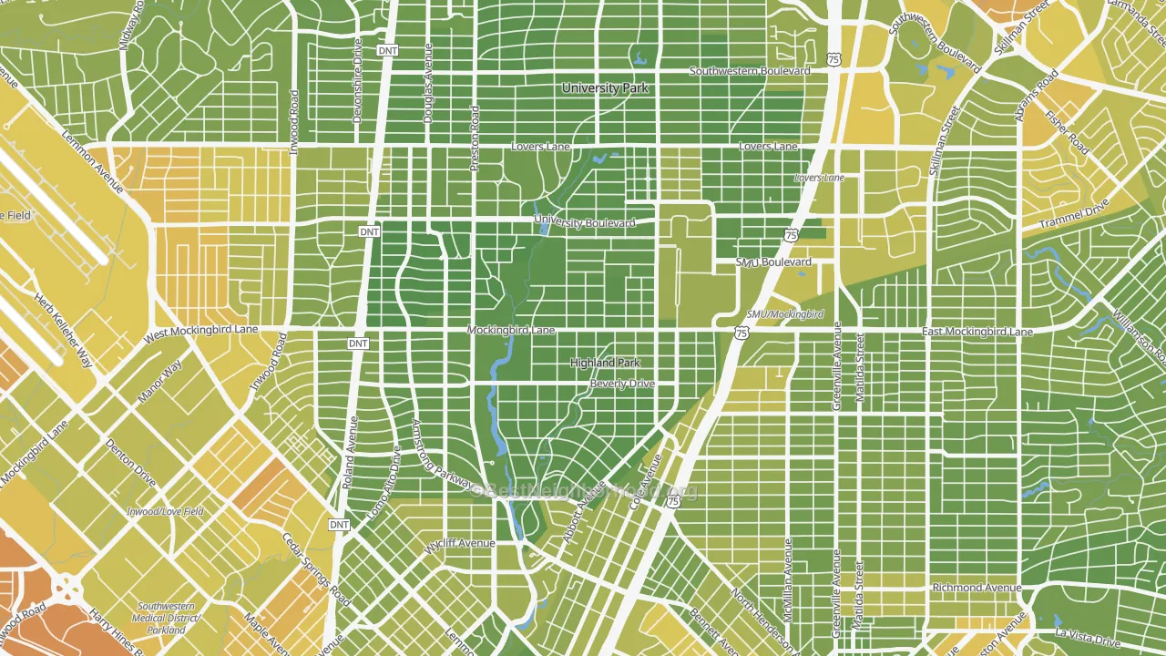 Map of the best neighborhoods in the 75205 area, with better matches in green and worse matches in red