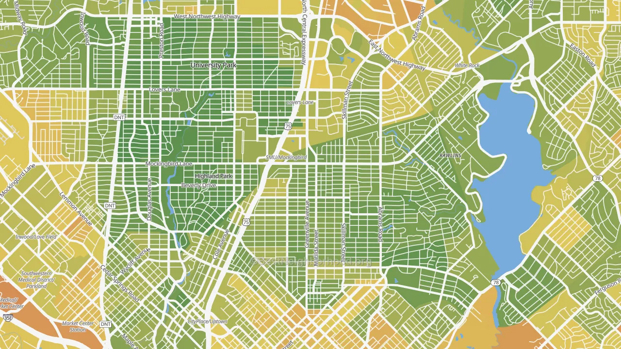 Map of the best neighborhoods in the 75206 area, with better matches in green and worse matches in red