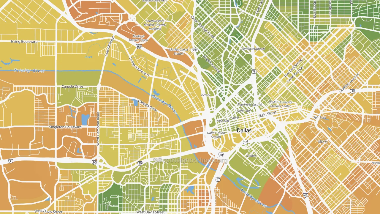 Map of the best neighborhoods in the 75207 area, with better matches in green and worse matches in red