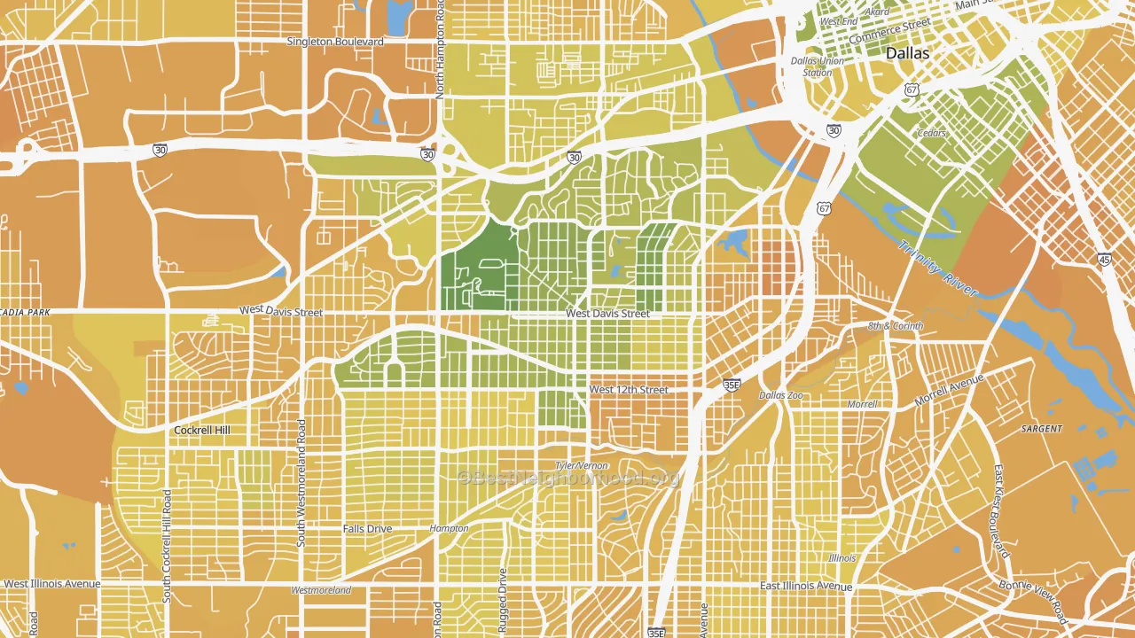 Map of the best neighborhoods in the 75208 area, with better matches in green and worse matches in red