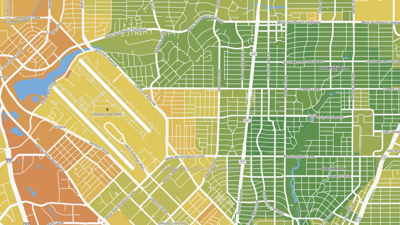 Map of the best neighborhoods in the 75209 area, with better matches in green and worse matches in red