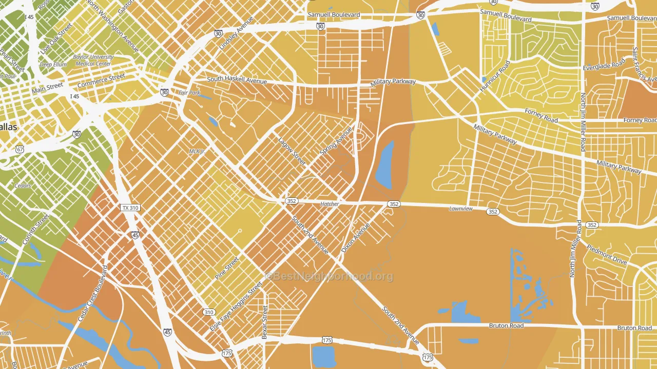 Map of the best neighborhoods in the 75210 area, with better matches in green and worse matches in red