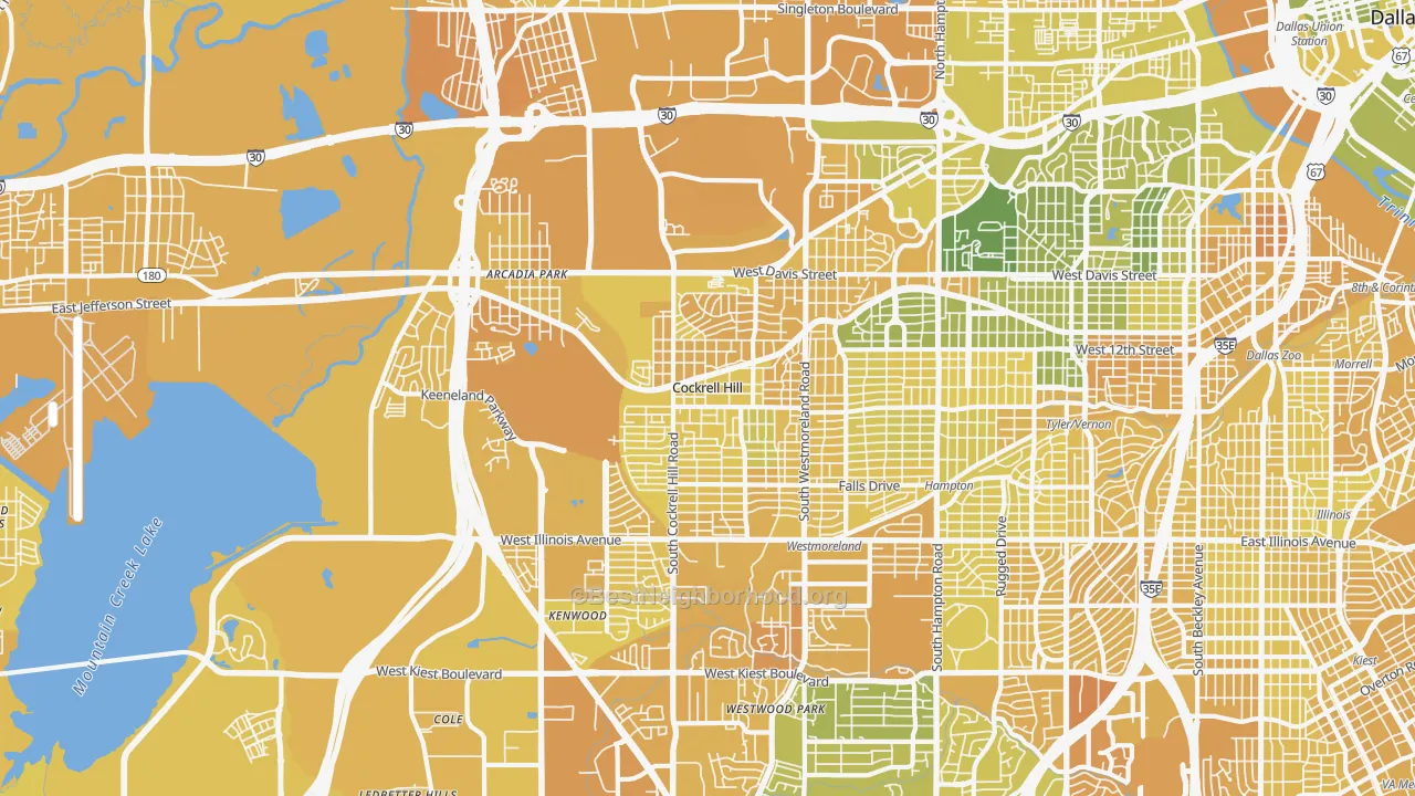 Map of the best neighborhoods in the 75211 area, with better matches in green and worse matches in red