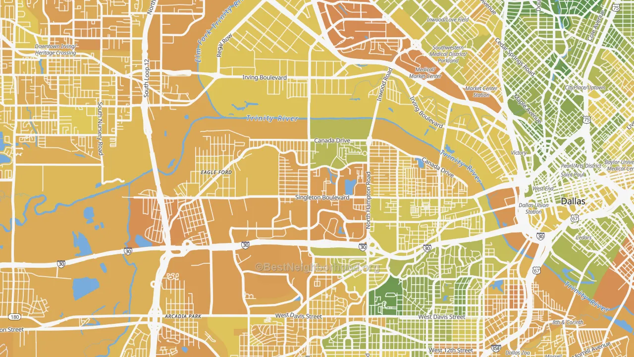 Map of the best neighborhoods in the 75212 area, with better matches in green and worse matches in red