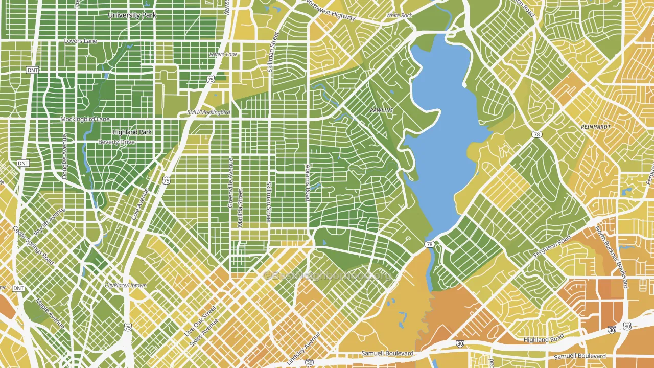 Map of the best neighborhoods in the 75214 area, with better matches in green and worse matches in red