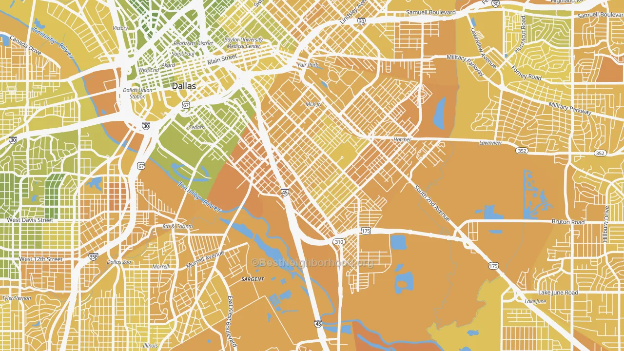Map of the best neighborhoods in the 75215 area, with better matches in green and worse matches in red
