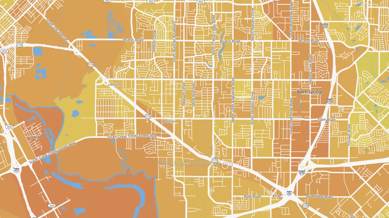 Map of the best neighborhoods in the 75217 area, with better matches in green and worse matches in red