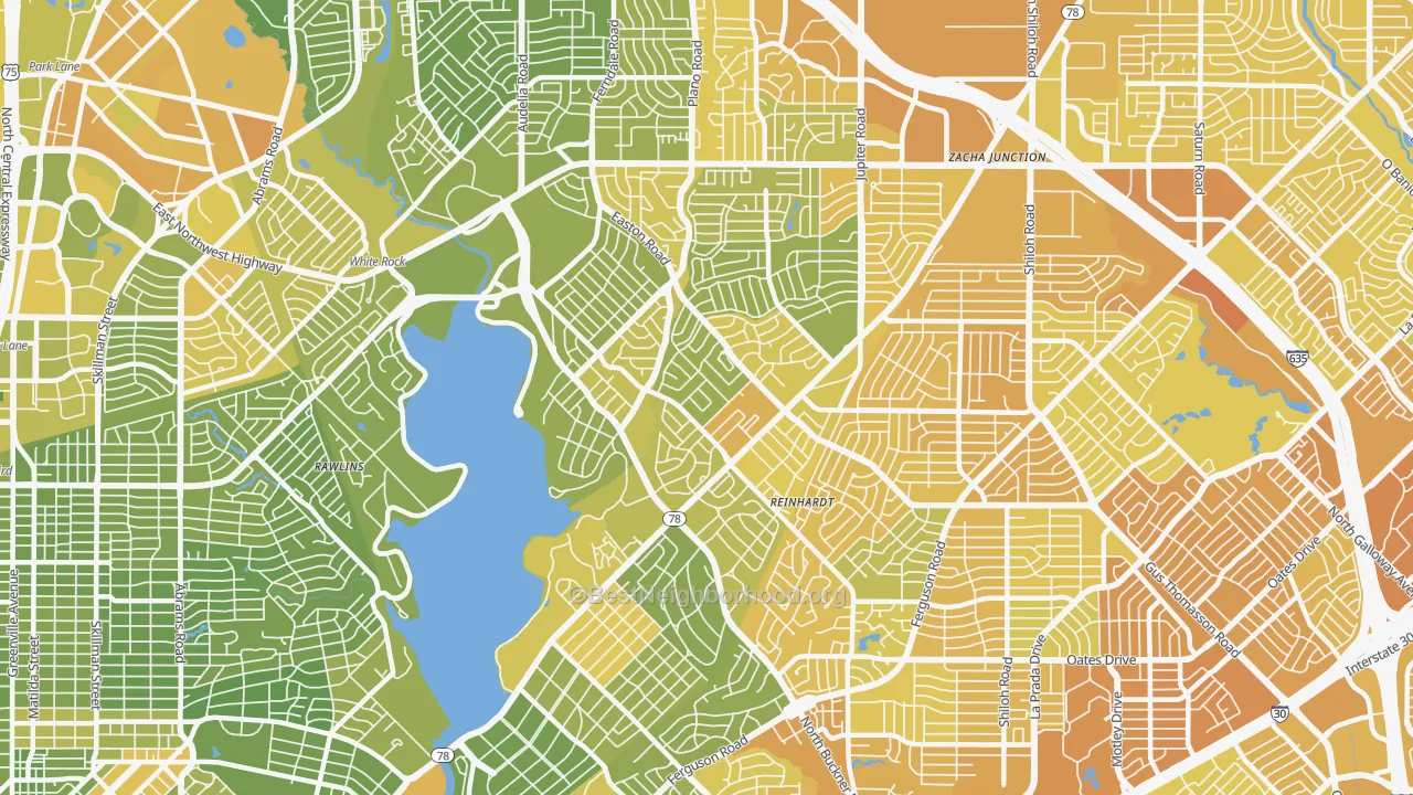 Map of the best neighborhoods in the 75218 area, with better matches in green and worse matches in red