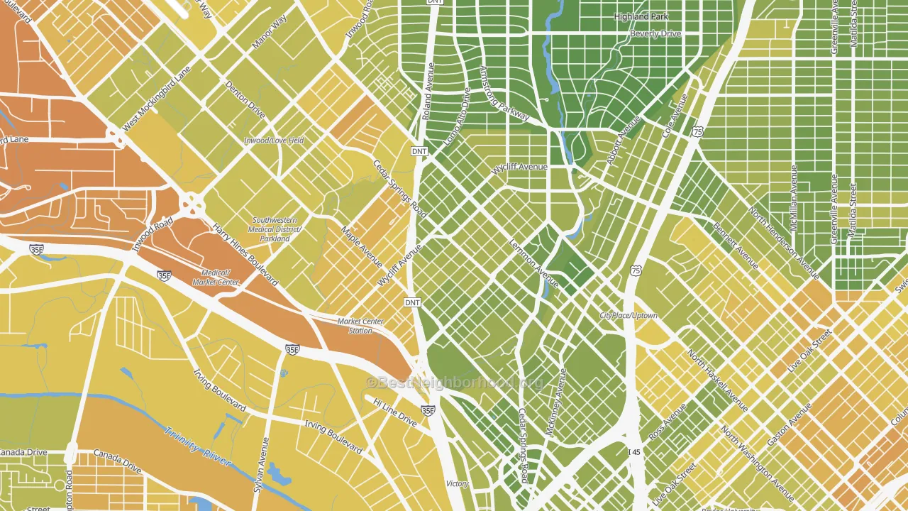 Map of the best neighborhoods in the 75219 area, with better matches in green and worse matches in red